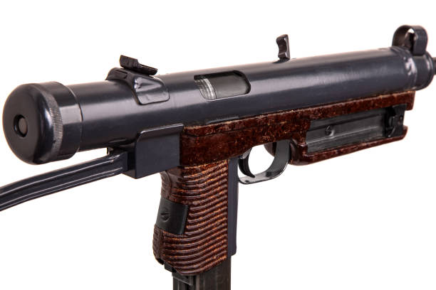 istock Vintage submachine gun isolate on white background. Weapons for the army and special forces of the past. Short automatic submachine gun. 1206919701
