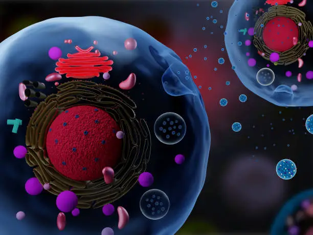 3d render of cells secreting exosomes