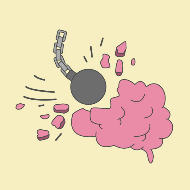 ilustraciones, imágenes clip art, dibujos animados e iconos de stock de una bola de metal destruye el cerebro. ilustración de dolor de cabeza intenso y migraña - brain concentration mental illness intelligence