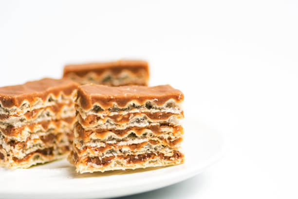 Homemade caramel waffer dessert isolated on white