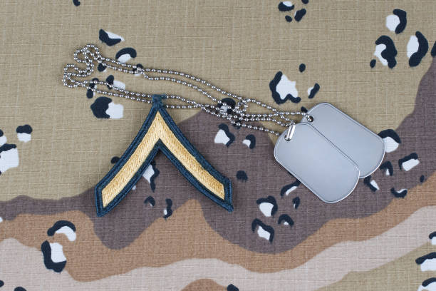 istock US ARMY Private rank patch and dog tags on desert camouflage uniform background 1206926127