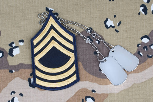 istock US ARMY Master Sergeant rank patch and dog tags on desert camouflage uniform background 1206926146