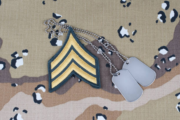 istock US ARMY Sergeant rank patch and dog tags on desert camouflage uniform background 1206926172
