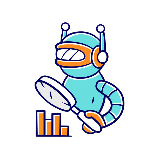 ilustrações, clipart, desenhos animados e ícones de monitorando ícone de cor do bot. monitore os sites em tempo de atividade. análise e automação de pesquisa. aprendizado de máquina. inteligência artificial. robô da internet com lupa. ilustração vetorial isolada - uptime