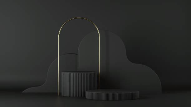 istock 3d render, minimalist black background. Abstract elements. Empty cylinder podium, vacant pedestal, round stage, showcase stand, product display platform, golden arch. Copy space. Modern premium design 1206934856