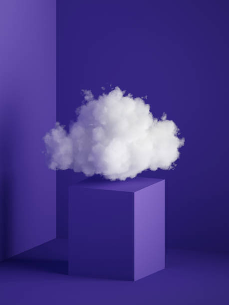 istock 3d render, white fluffy cloud above the cube pedestal, square podium, minimal room interior. Objects isolated on violet blue background, modern design, abstract metaphor. 1206935100