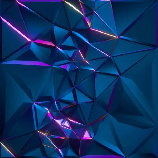 Photo of 3d render, abstract faceted crystal background, blue texture, triangles, geometrical crystallized wallpaper, modern fashion concept