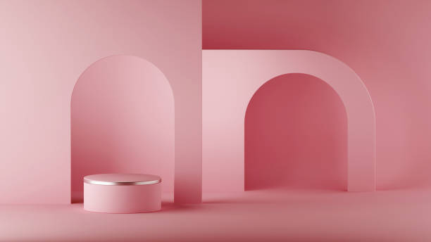 istock 3d render, abstract minimal architectural background, arch niche, room. Empty cylinder podium, vacant pedestal, round stage, showcase stand, blank product display platform. Copy space. Premium design 1206935181