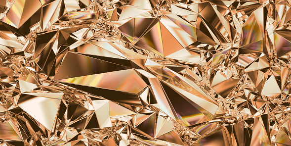 3d render, abstract copper crystal background, glass faceted wallpaper, polygonal geometric structure, crumpled holographic texture, golden metallic foil, crystallized wallpaper, light reflection