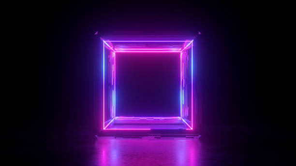 istock 3d render, abstract neon background, square shape box, blank frame, pink glowing lines isolated on black, ultraviolet light 1206935320