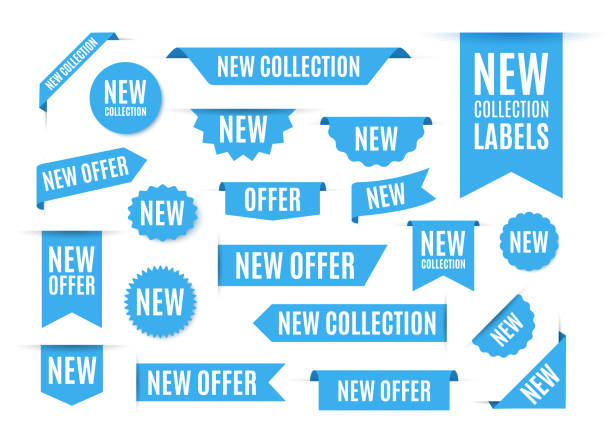 New Collection Offer Tags and Labels. Blue ribbon Banners isolated on white background. Vector Promo Badges For Any Design Projects New Collection Offer Tags and Labels. Blue ribbon Banners isolated on white background. Vector Promo Badges For Any Design Projects web banner stock illustrations