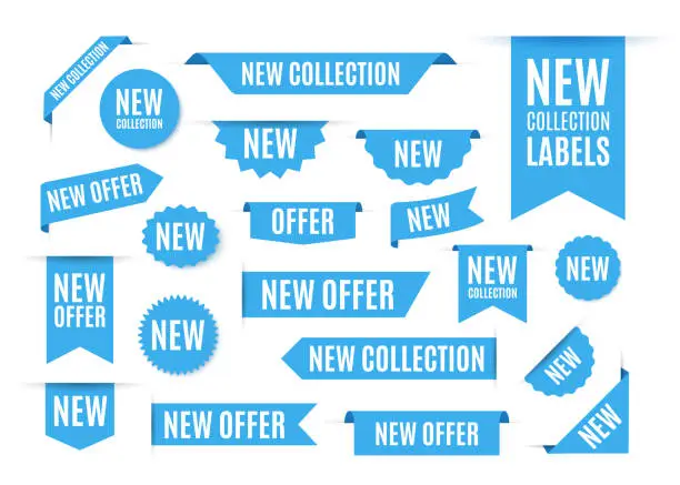 Vector illustration of New Collection Offer Tags and Labels. Blue ribbon Banners isolated on white background. Vector Promo Badges For Any Design Projects
