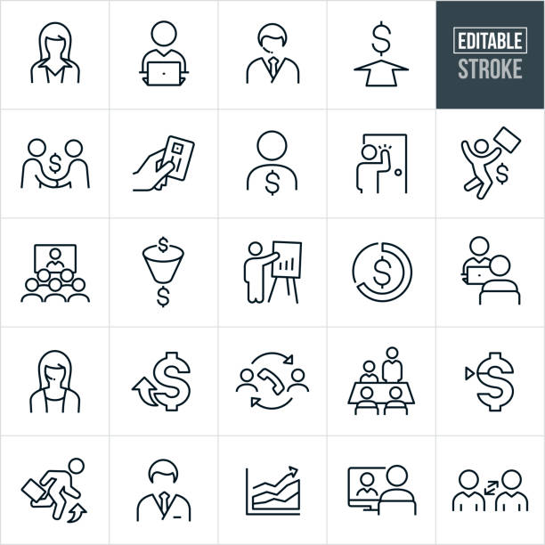 Sales Thin Line Icons - Editable Stroke A set of sales icons that include editable strokes or outlines using the EPS vector file. The icons include male and female sales people, salesman working on computer, male salesman with headset, female sales person with headset, salesman making a deal, hand holding a credit card, customer, client, door to door salesman, salesman jumping for joy, salesman doing a video conference, sales presentation, salesman meeting with client, salesman presenting in boardroom and other related icons. sales executive stock illustrations
