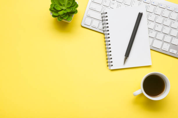 istock Office desk table with supplies. Flat lay Business workplace and objects. Top view. Copy space for text 1206936432