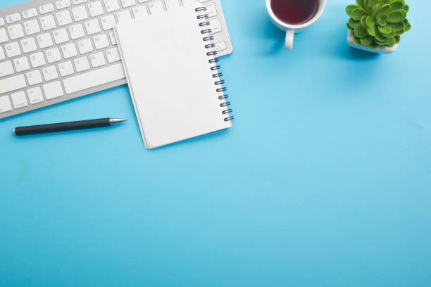 istock Office desk table with supplies. Flat lay Business workplace and objects. Top view. Copy space for text 1206936635