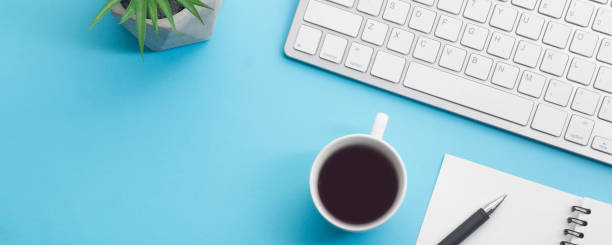 istock Office desk table with supplies. Flat lay Business workplace and objects. Top view. Copy space for text 1206936648
