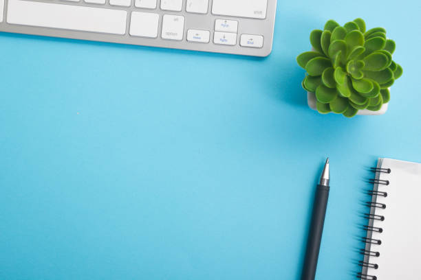 istock Office desk table with supplies. Flat lay Business workplace and objects. Top view. Copy space for text 1206936847