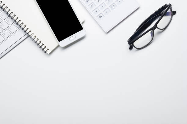 istock Office desk table with supplies. Flat lay Business workplace and objects. Top view. Copy space for text 1206937509