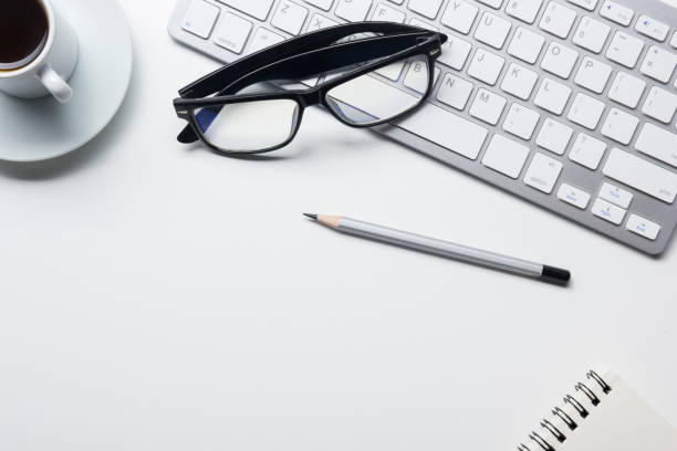 istock Office desk table with supplies. Flat lay Business workplace and objects. Top view. Copy space for text 1206937532