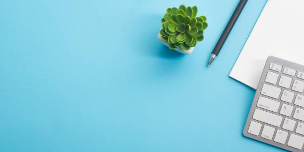 istock Office desk table with supplies. Flat lay Business workplace and objects. Top view. Copy space for text 1206937634