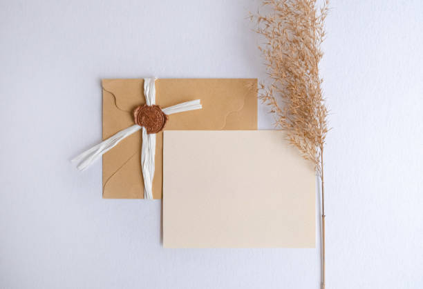istock Craft envelope with business card mock up decorated wtih pampas grass on white background 1206938082