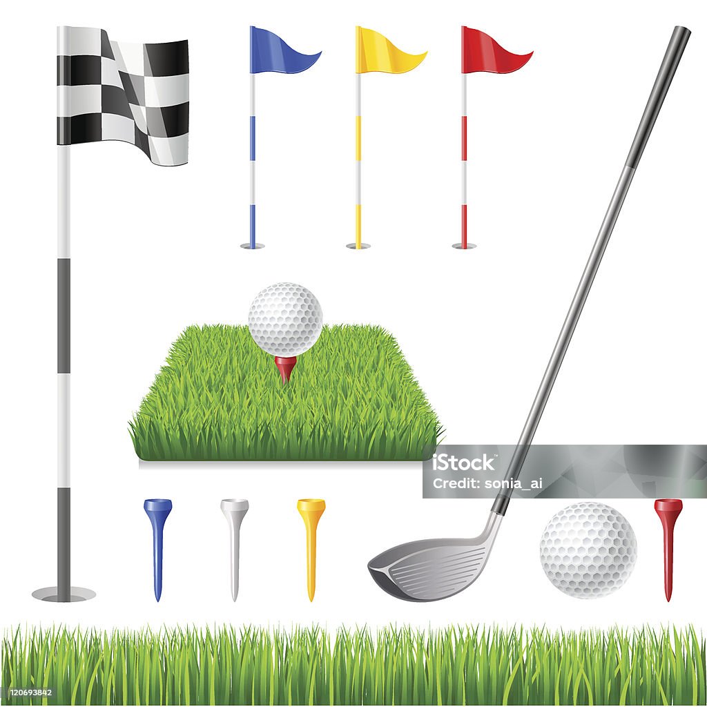 Golf icon set Golf icon set. Golf club, golf flag, golf ball and green glass Tee - Sports Equipment stock vector