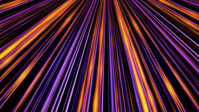 A beautiful straight colorful rays shining and spreading from one point to all the sides on black background, seamless loop. Animation. Purple and orange sunbeams shimmering and glowing
