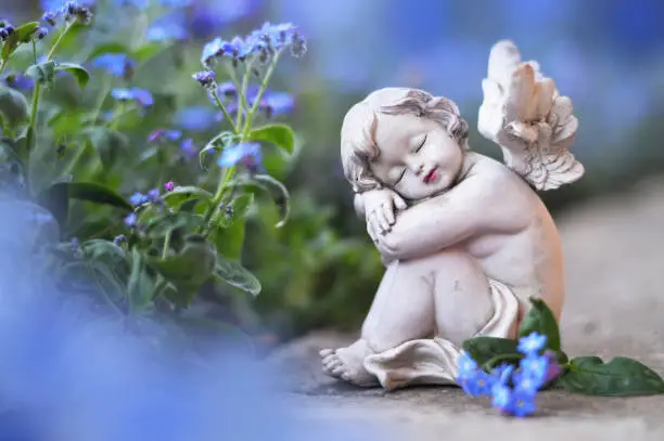 Little angel and spring flowers
