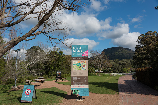 Wollongong, Australia - September 20, 2015: Wollongong Botanic Garden entrance with navigation map and garden rules