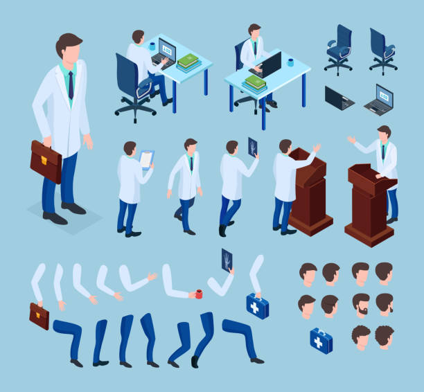 ilustrações de stock, clip art, desenhos animados e ícones de doctor constructor vector illustration isometric man animation m - medical animation