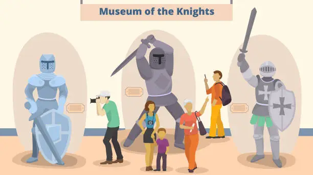 Vector illustration of Museum of knights vector illustration. Different people visitors