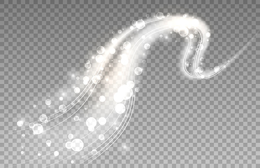 Dynamic white wave with sparks and bubbles. Transparent light effect
