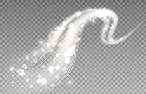 Vector illustration of Dynamic white wave with sparks and bubbles. Transparent light effect