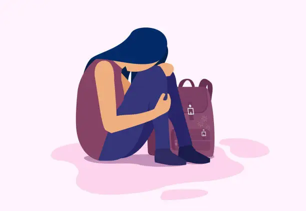 Vector illustration of Vector of a depressed sad girl sitting on the floor, student with backpack.