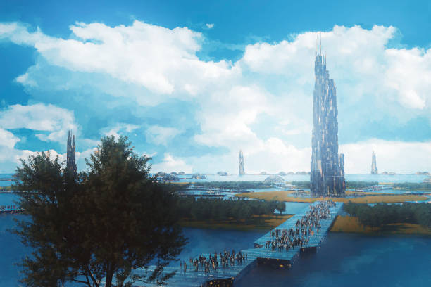 istock Clean futuristic city with river and trees 1206957358