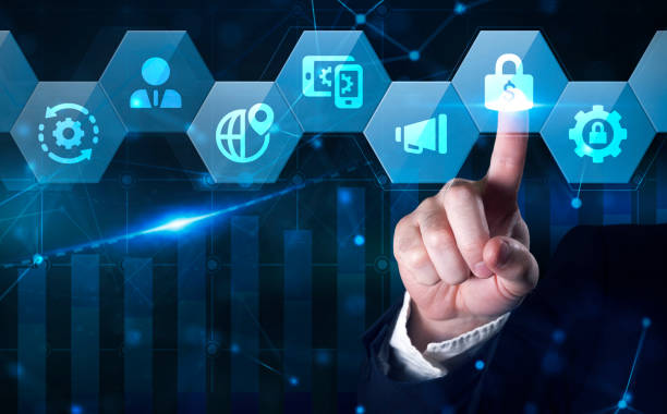 istock Cyber security data protection business technology privacy concept. Young businessman  select the icon security on the virtual display. 1206960016