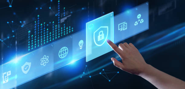 istock Cyber security data protection business technology privacy concept. Young businessman  select the icon security on the virtual display. 1206961226