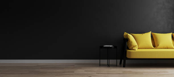 istock Modern room interior background with black wall and stylish yellow sofa, black empty wall mockup, 3d rendring 1206962460