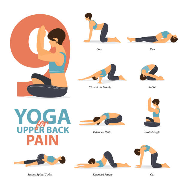 illustrazioni stock, clip art, cartoni animati e icone di tendenza di infografica di 9 pose yoga per dolori alla parte superiore della schiena in design piatto. la donna di bellezza sta facendo esercizio fisico per lo stretching del corpo. set di infografica sequenza yoga. yoga cartoon vector. - exercising sport cartoon male