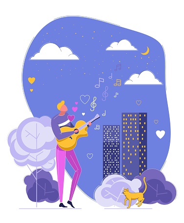 Modern Young Man Guitarist Standing Outdoors in Park Playing Guitar and Singing Romantic Song or Serenade for Beloved at Night under Moon and Star. Vector Illustration for any Design purpose.