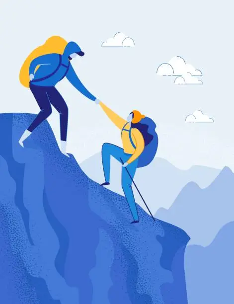 Vector illustration of Travelling Couple with Backpacks Climbing Rock.