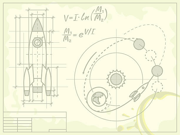 Blueprint image with rocket and its flight path around sun blueprint of the spaceship and its flight path. Download also contains: AI8, CDR8, SVG, hi-res JPEG. drawing of a advanced math formulas stock illustrations