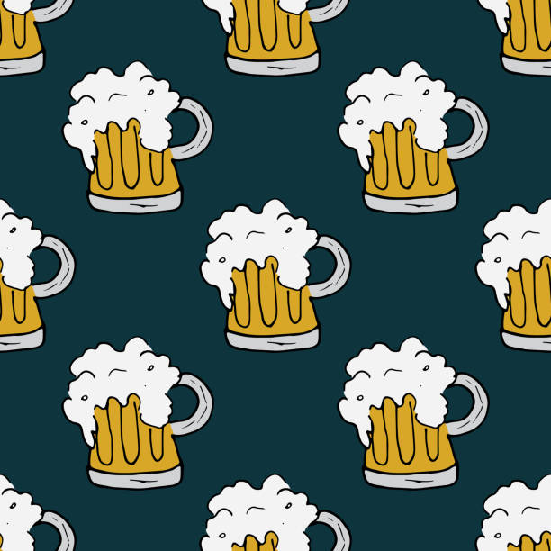 illustrazioni stock, clip art, cartoni animati e icone di tendenza di beer mug seamless pattern, sfondo doodle disegnato a mano. illustrazione vettoriale - beer backgrounds nobody bright