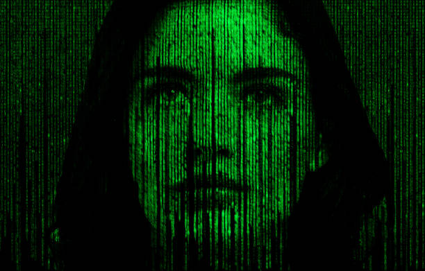 istock Female face with matrix digital numbers artifical intelligence AI theme 1206970841