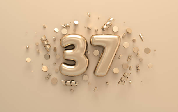 축제 색종이와 나선형 리본 황금 3d 번호 37. 37 주년 기념 이벤트 파티를 축하하기위한 포스터 템플릿. 3d 렌더링 - 2657 뉴스 사진 이미지