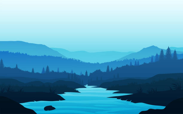 illustrazioni stock, clip art, cartoni animati e icone di tendenza di montagne lago e fiume paesaggio silhouette albero orizzonte paesaggio carta da parati alba e tramonto illustrazione stile vettoriale vista colorato sfondo - lago illustrazioni