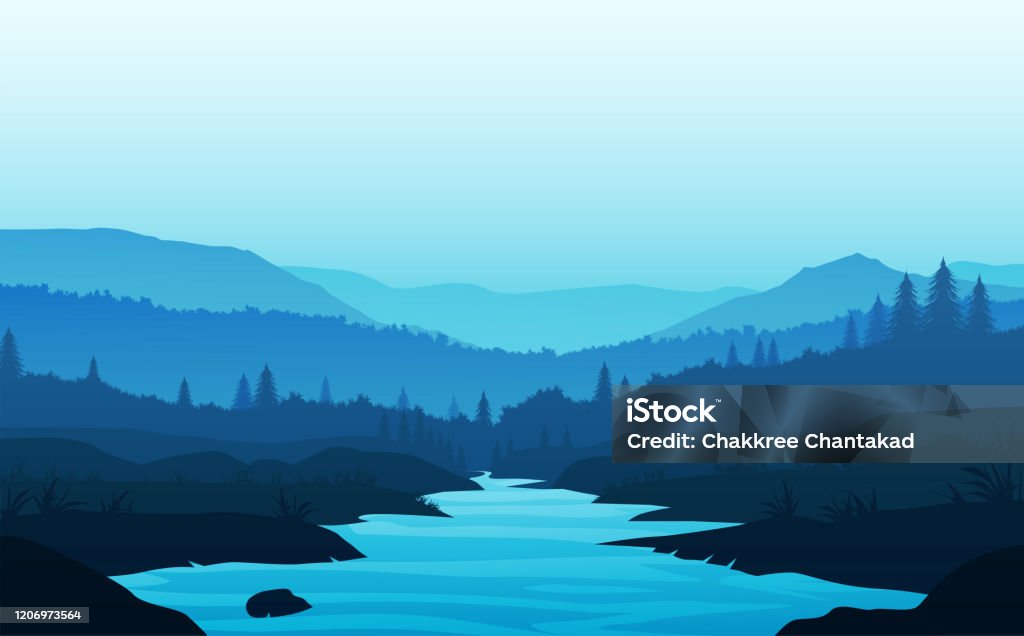 山湖と川の風景シルエットツリー地平線風景壁紙日の出と日没イラストベクタースタイルカラフルなビュー背景 - 河川のロイヤリティフリーベクトルアート
