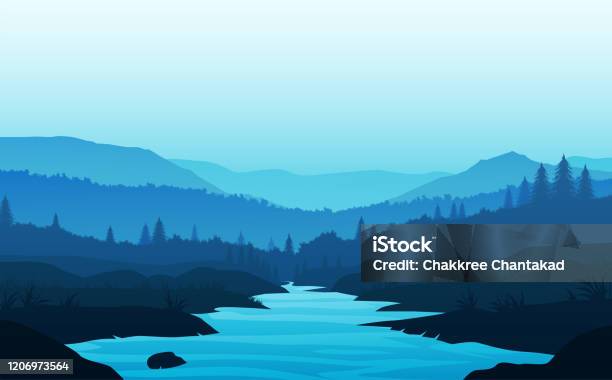 Mountains Lake And River Landscape Silhouette Tree Horizon Landscape Wallpaper Sunrise And Sunset Illustration Vector Style Colorful View Background Stock Illustration - Download Image Now