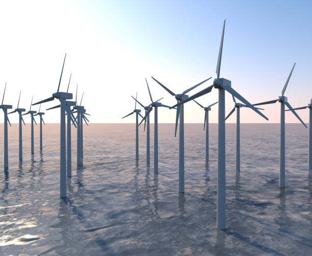 istock Sea surface wind turbines. A propeller that rotates in response to the wind. 3D illustration 1206973793