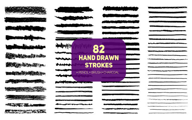 set 82 tangan digambar tekstur sikat, pensil dan garis arang stroke. - menggaruk meraba ilustrasi stok
